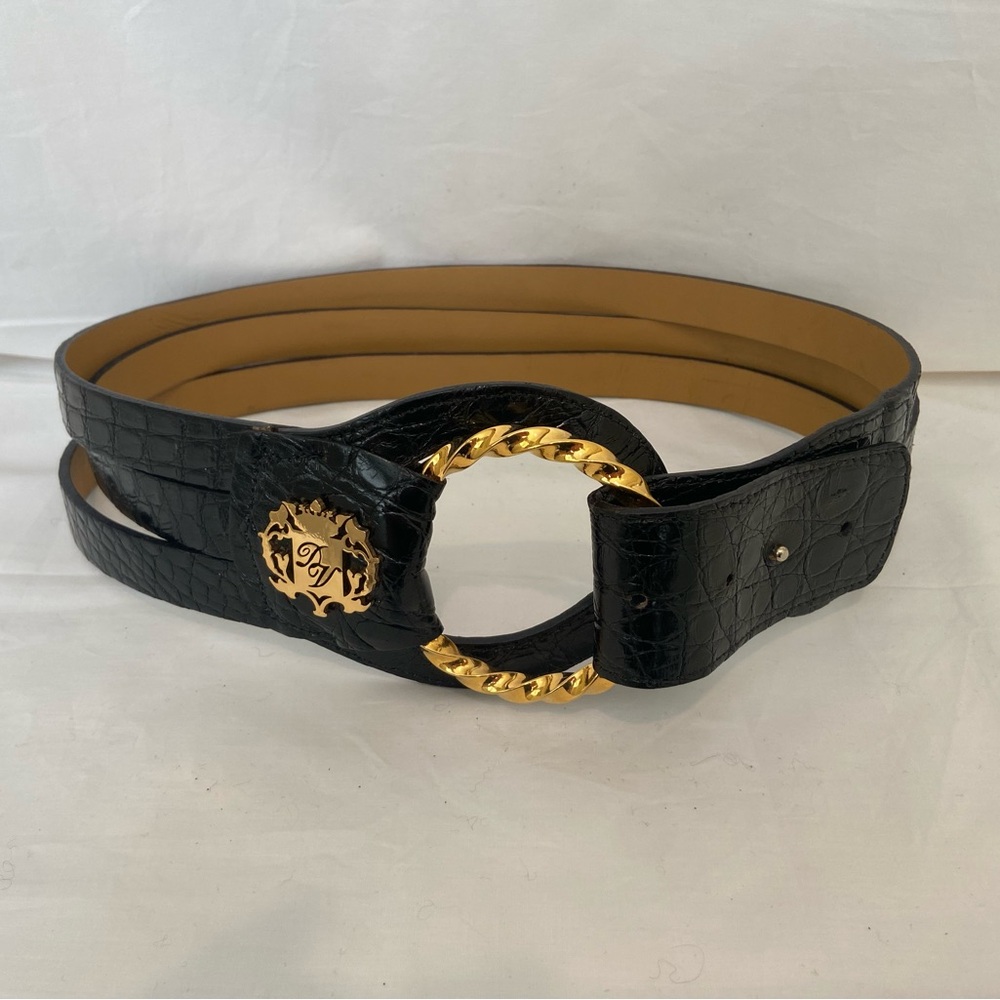 Luxurious Domenico Vacca Black and Gold Leather Belt with Ornate Buckle